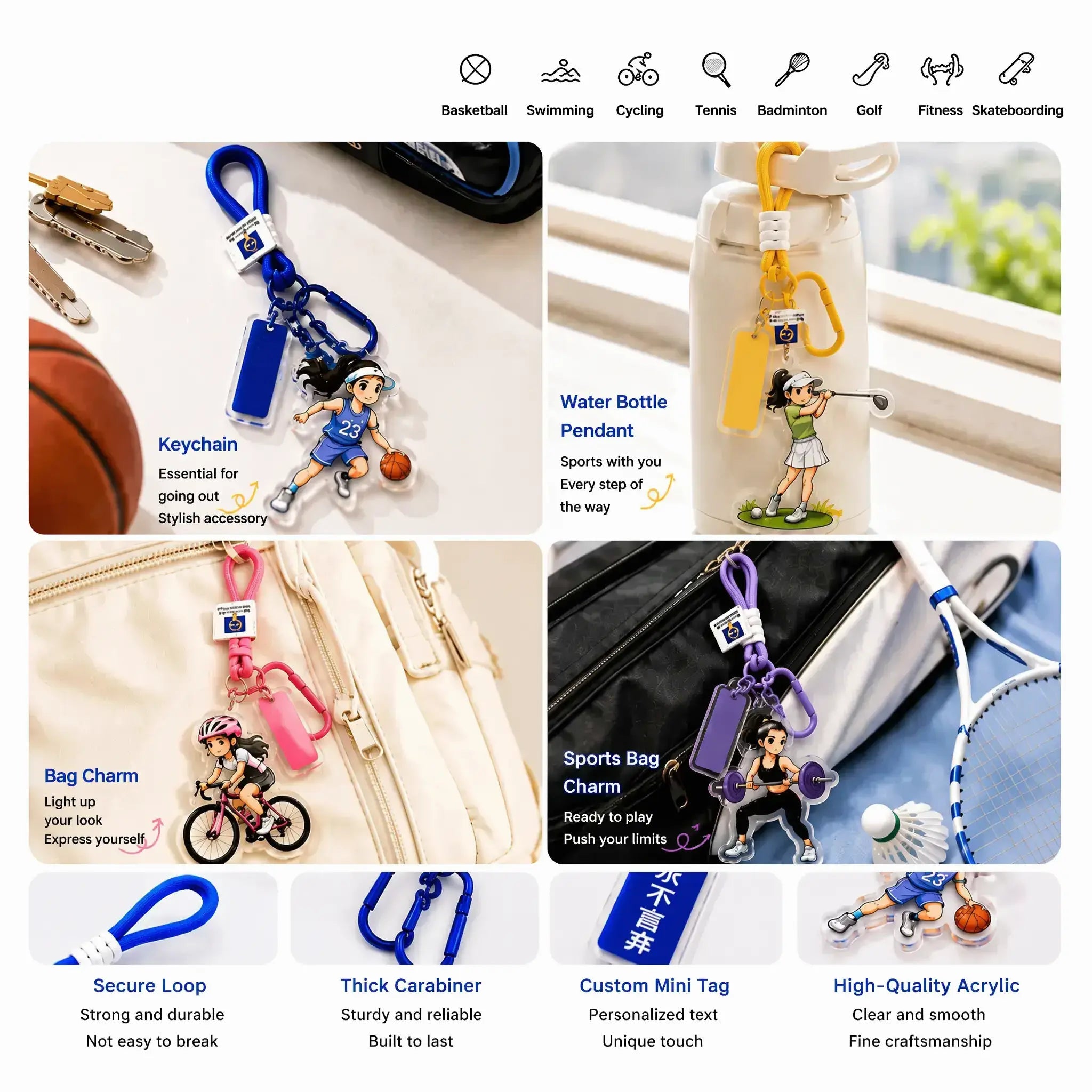 Custom Sports Photo Acrylic Keychain - Personalized Chibi Character Bag Charm
