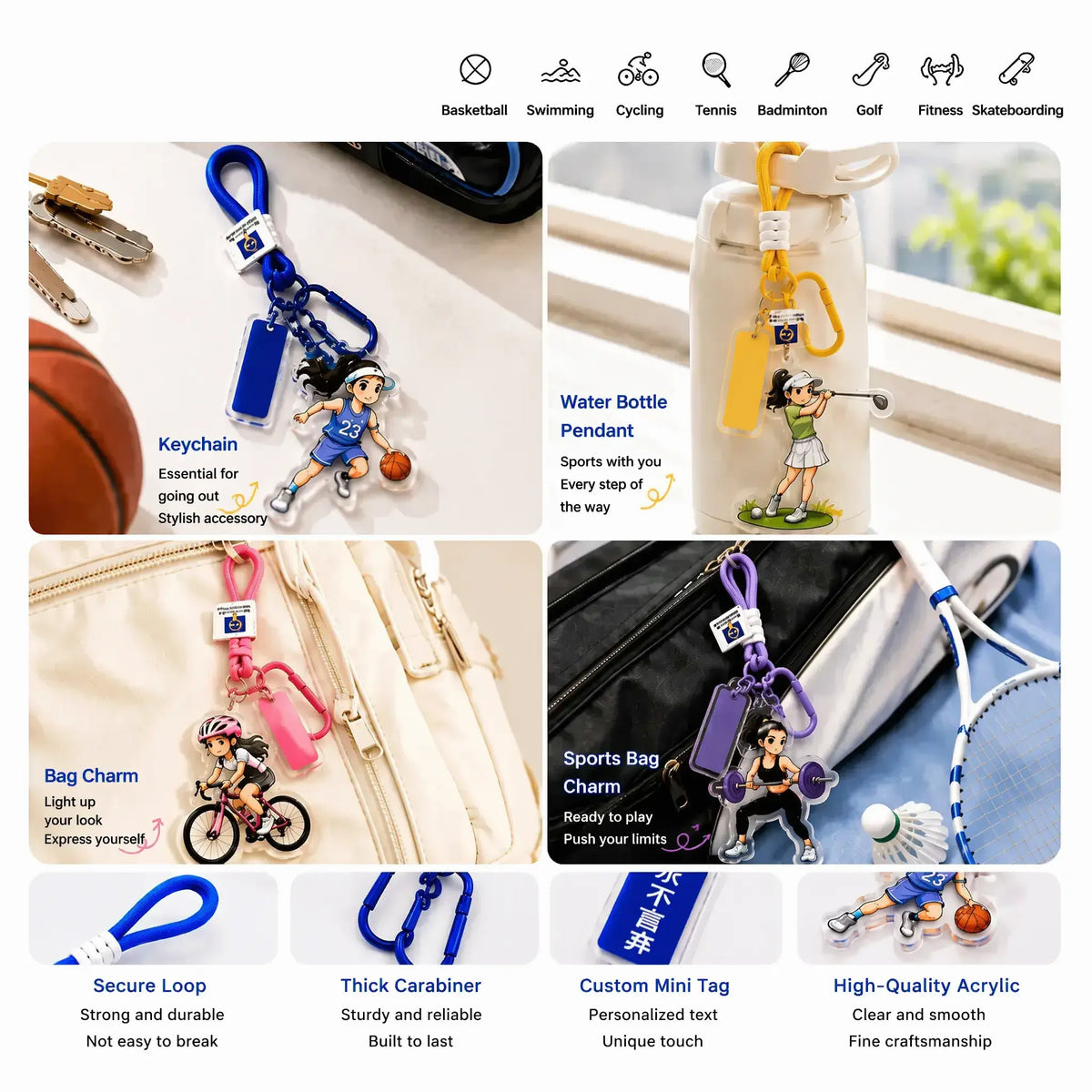 Custom Sports Photo Acrylic Keychain - Personalized Chibi Character Bag Charm